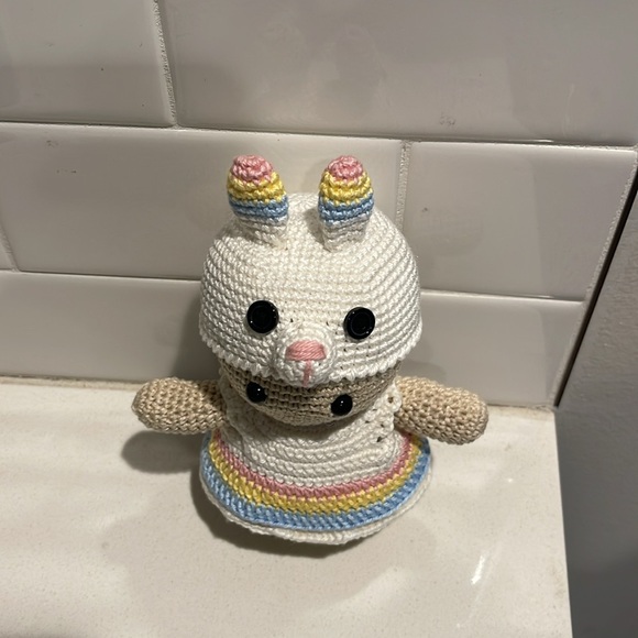 Handcrafted Doll in Bunny Rabbit Dress Easter Holiday Decor Crochet Toy Spring - Picture 3 of 12